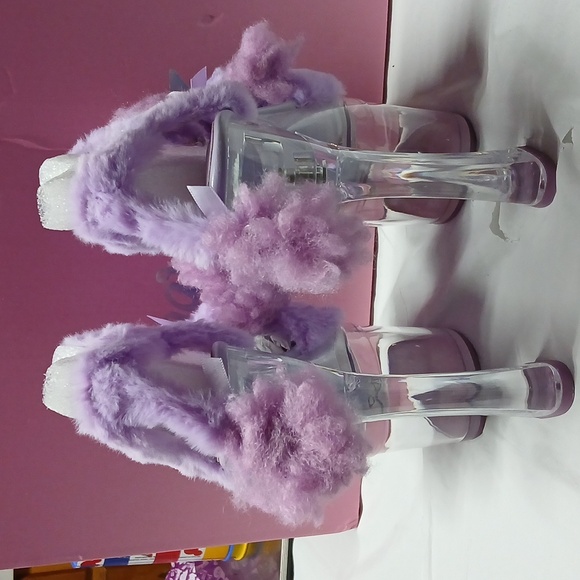 Dolls Kill Sugar Thrillz Purple Fur Plush Poodle Clear Acrylic Platform Heels 8 - Picture 7 of 16